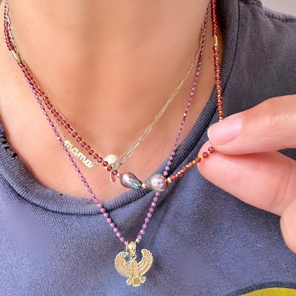 Hand Knotted Garnet, Tahitian Pearl and Gold Necklace.